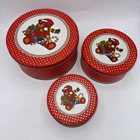 Vintage Decorative Christmas Teddy BearNesting Tins Canisters Set of 3 1980s - Picture 4 of 16